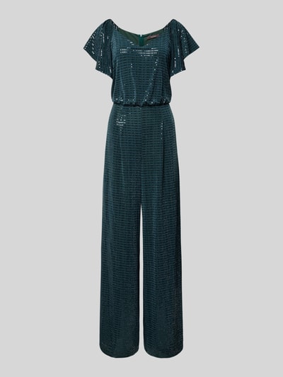Produktfoto, Schimmernder Jumpsuit mit V-Ausschnitt von Vera Mont, kolor ciemnozielony, materiał z połyskiem, krój regular fit, stretch, zamek z tyłu, długość całkowita 153 cm, długość wewnętrzna nogawki 83 cm, długość pleców 149 cm, szerokość w rozmiarze 36: 33 cm, długość rękawa 17 cm