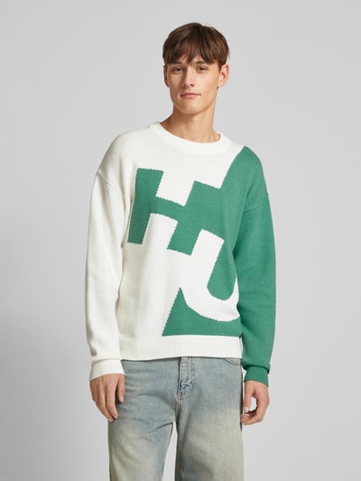 Hugo Blue Gebreide pullover met labelstitching, model 'Souso' Groen - 4