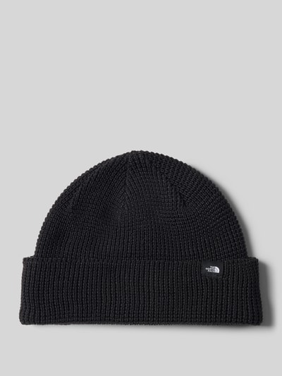 Produktfoto, schwarze Beanie mit Label-Patch Modell 'FISHERMAN' von The North Face, Strick-Optik, feines Strukturmuster