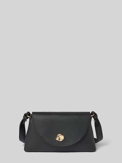 Produktfoto, Shoulder Bag aus echtem Leder Modell 'NIKLA' von Coccinelle in Schwarz, goldener Magnetverschluss, strukturierte Oberfläche, sichtbarer Schulterriemen, kompaktes Format, Damen Shoulder Bag, Hauptfach mit Überschlag, Größe 1: 20x12x6 cm, Schulterriemen 126 cm.