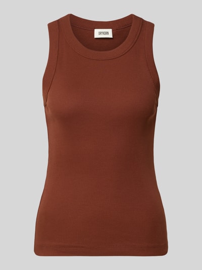 Produktfoto, Skinny Fit Tanktop aus reiner Baumwolle von DRYKORN, brązowy top, Efekt prążkowania, Okrągły dekolt, Długość tyłu w rozmiarze S: 54 cm