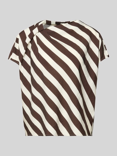 Productfoto, Blusenshirt aus Viskose-Mix mit asymmetrischem Ausschnitt van Windsor, loose fit, crèmekleurig met diagonale bruine strepen, linnenmix, ruglengte maat 36 is 56 cm.
