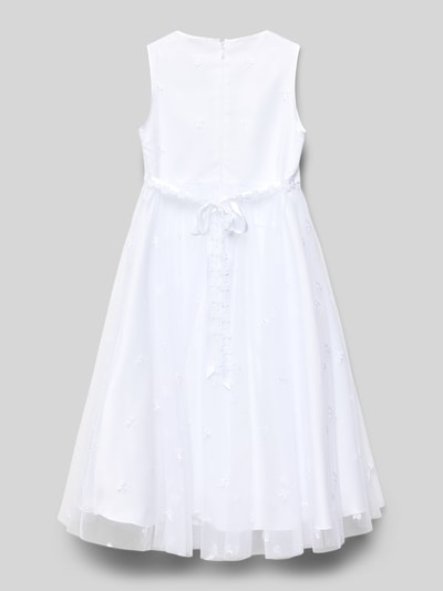 Produktfoto, Minikleid mit Rundhalsausschnitt von Weise in Weiß, taillierter Schnitt, Nahtreißverschluss, blickdichtes Unterkleid, Rückenlänge bei Größe 134: 87 cm, feine Textur mit Stickdetails