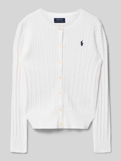 Produktfoto, Regular Fit Strickjacke aus reiner Baumwolle von Polo Ralph Lauren Teens in Weiß, Zopfmuster, Crew Neck, gerippte Abschlüsse