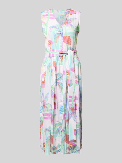 Produktfoto, Hemdblusenkleid mit V-Ausschnitt von Milano Italy aus Reine Baumwolle, Tailliert, Midikleid, Knopfleiste, Bindegürtel, Ärmelloses-Design, bunt gemustert, glatte Struktur