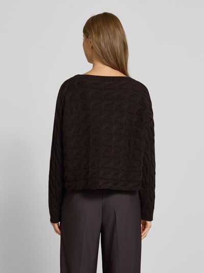 Oui Gebreide pullover met kabelpatroon en ronde hals Donkerbruin - 5