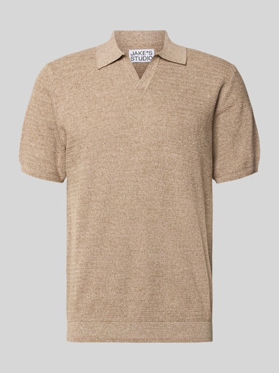 Produktfoto, Regular Fit Poloshirt in Strick-Optik von JAKE*S STUDIO MEN aus czysta bawełna, imitacja dzianiny, krój regular fit, kołnierzyk polo, krótki rękaw, długość tyłu w rozmiarze M 70 cm, długość rękawów w rozmiarze M 26 cm, beżowy odcień, gładka tekstura