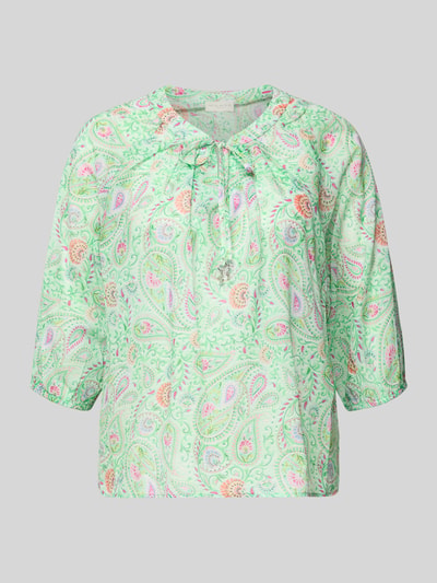 Produktfoto, Regular Fit Bluse mit 3/4-Arm von Milano Italy aus reiner Baumwolle, grün gemustert, Rundhalsausschnitt, Schnürung, Allover-Look
