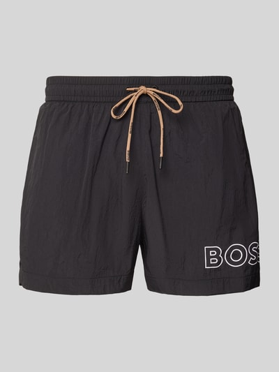 Produktfoto, Regular Fit Badeshorts mit Label Print Modell 'MOONEYE' von BOSS, efekt: jednolity kolor, nadruk z logo, elastyczny ściągacz z tunel, wpuszczane kieszenie