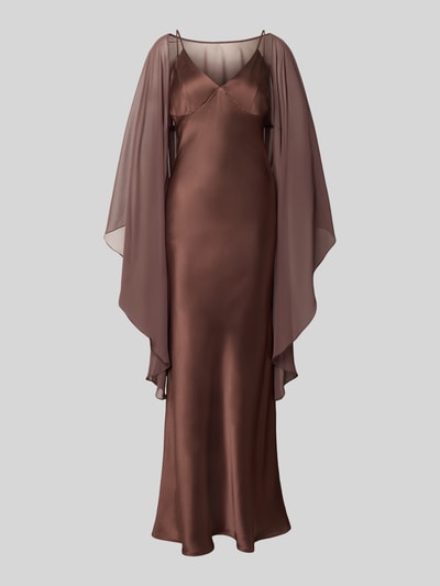 Produktfoto, długa sukienka Maxikleid aus Satin od SWING w kolorze brązowym, elastyczna mieszanka materiałów, dopasowany krój, satyna, półprzezroczysta etola, cienkie ramiączka, dekolt w serek, długość tyłu w rozmiarze 36: 133 cm, szerokość w rozmiarze 36: 31 cm