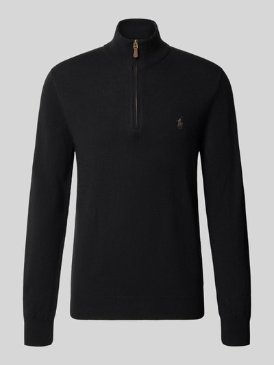 Produktfoto, schwarzer Regular Fit Troyer aus reiner Wolle von Polo Ralph Lauren, glatte Oberfläche mit Reißverschluss und Logo-Stickerei.