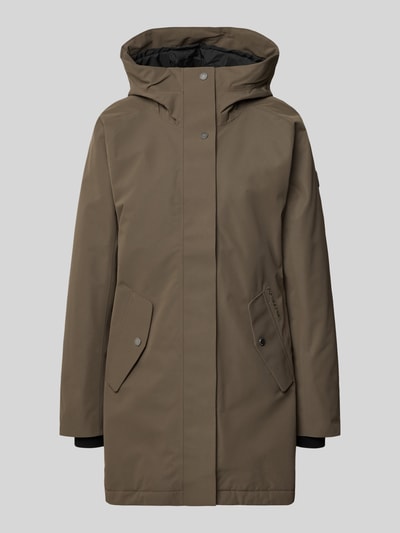 Produktfoto, Regular Fit Parka mit Kapuze Modell 'Alana' von Didriksons in Braun, glatte Oberfläche, sichtbare Eingrifftaschen, neutraler Hintergrund. Damen Parka, Rückenlänge 90 cm, Schulterbreite 38 cm, Brustweite 48 cm, Ärmellänge 74 cm.