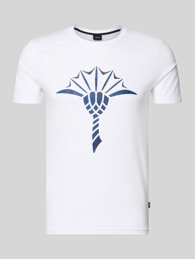 Produktfoto, T-Shirt mit Rundhalsausschnitt Modell 'Alerio' von JOOP! Collection in Weiß mit blauem Logo-Print, reine Baumwolle, Regular Fit.