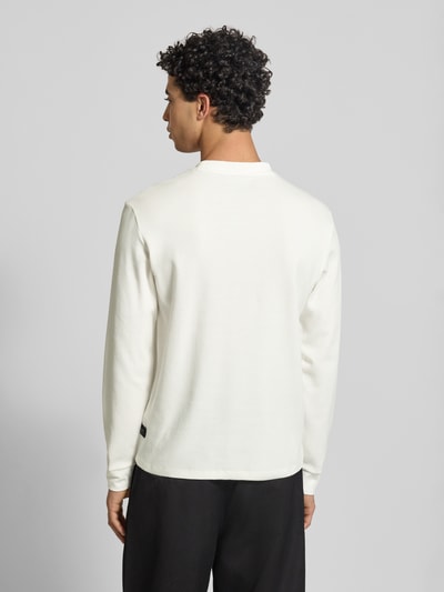 Männermodel trägt Sweatshirt mit Stehkragen von Replay z bawełny, prosty krój, faktura wafla, detal z logo, długość tyłu 63 cm, długość rękawa 67 cm, elastyczne zakończenia rękawów, widok całej sylwetki z tyłu