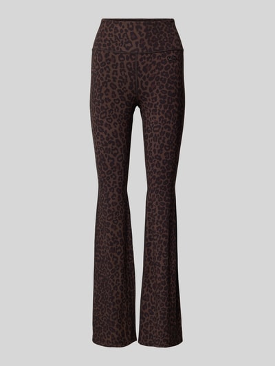 Produktfoto, Leggings aus Viskose-Mix von Lala Berlin, braunes Leopardenmuster, Flared Fit, elastischer Bund, Label-Print, glatte Struktur