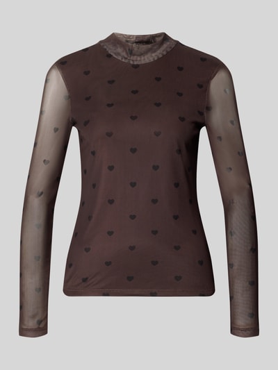 Produktfoto, Slim Fit Langarmshirt mit Allover-Muster Modell 'ERICA' von ONLY, wzór w serca, wysoki dekolt, mesh, brąz z czarnymi sercami, krój slim fit, wzór na całej powierzchni, wykończenie materiału: siateczka