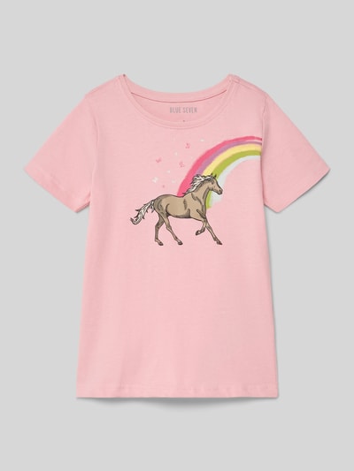 Produktfoto, T-Shirt mit Motiv-Print und Rundhalsausschnitt von Blue Seven aus reiner Baumwolle, rosa Grundfarbe, bunter Pferde- und Regenbogen-Print, Regular Fit, Rückenlänge bei Größe 116 beträgt 41 cm.