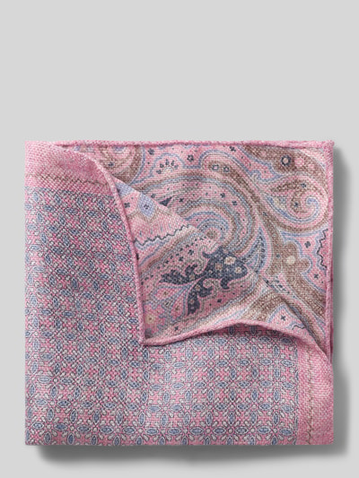 Produktfoto, Einstecktuch aus Leinen-Mix mit Seiden-Anteil von Verugia in Rosatönen mit Paisley- und geometrischem Allover-Print, rechteckige Form.