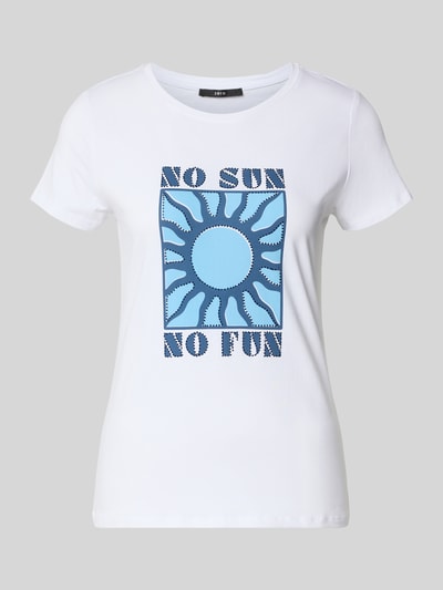 Productfoto, T-shirt met motiefprint en ronde hals van Zero, wit katoen-elastaanmix, regular fit, blauwe print, ruglengte 53 cm, dames.