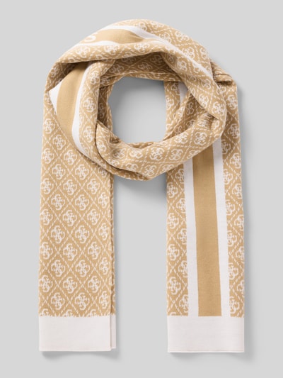Produktfoto, Schal mit Woll-Anteil Modell 'Sevyn' von GUESS in Beige und Weiß mit Logomuster und rechteckiger Passform, Material-Mix