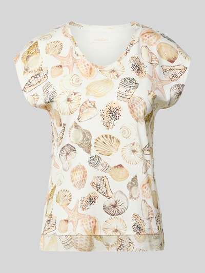 Produktfoto, Regular Fit T-Shirt mit Allover-Motiv-Print von Marc Cain, damski t-shirt, mieszanka bawełny, okrągły dekolt, długość tyłu w rozmiarze 36: 58 cm, kremowe tło, motyw muszli, pastelowe kolory, gładka tekstura
