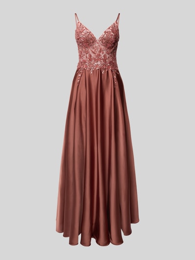 Produktfoto, Abendkleid mit floralem Pailettenbesatz von Laona in Altrosa, semitransparent, tailliert, florales Stitching, Spaghettiträger
