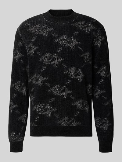 Produktfoto, Regular Fit Pullover mit Viskose-Anteil von Armani Exchange in Schwarz mit hellen Musterakzenten, Material-Mix, elastische Ärmelabschlüsse, Rundhalsausschnitt, Damen Pullover, 69 cm Rückenlänge, 66 cm Ärmellänge.
