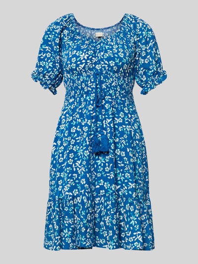 Produktfoto, Minikleid aus Viskose mit Kordelzug und Quasten von Apricot, blau mit weißem Blumenmuster, taillierter Schnitt, Rüschenärmel, Rundhalsausschnitt, Smok-Detail, Rückenlänge 82 cm, Brustweite 34 cm, Ärmellänge 21 cm