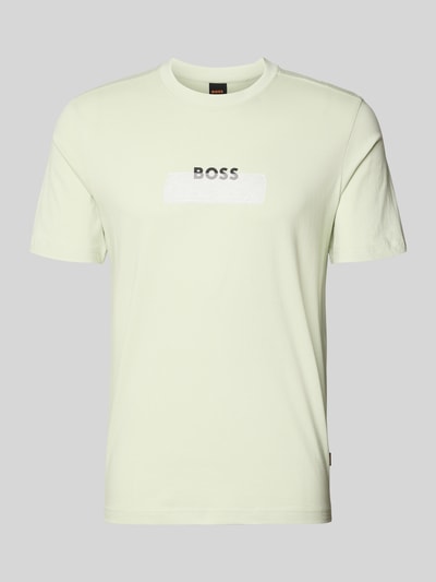 Produktfoto, Regular Fit T-Shirt aus reiner Baumwolle Modell 'Te_LOGOTAPE' von BOSS Orange, jednokolorowy, krój regular fit, z napisem z logo i nadrukiem z motywem, okrągły dekolt, krótki rękaw, dżersej, bawełna