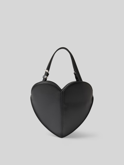 Produktfoto, Crossbody Bag aus echtem Leder von ROTATE in Herzform, schwarzes Schafsleder, sichtbare Ziernaht, schmaler Schulterriemen, eingefasste Abschlüsse, strukturierte Oberfläche, 23x19x4 cm.
