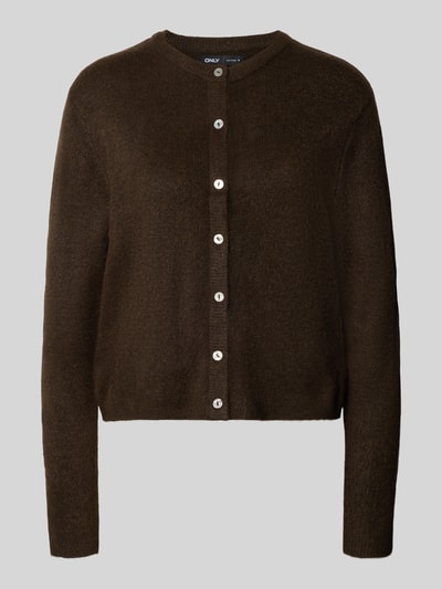 Produktfoto, dunkelbraune Oberfläche, lockere Passform, runde Knöpfe, feine Stricktextur, Loose Fit Strickjacke mit Rundhalsausschnitt Modell 'SIMONI' von ONLY, Damen Strickjacke von ONLY