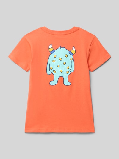 Produktfoto, dziecięcy t-shirt 'T-Shirt mit Rundhalsausschnitt und Motiv-Print' od Blue Seven, bawełna, prosty krój, okrągły dekolt, nadruk z motywem, długość tyłu w rozmiarze 116: 47 cm, kolor pomarańczowy, niebieski nadruk
