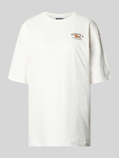 Produktfoto, T-Shirt mit 1/2-Arm von REVIEW, Reine Baumwolle, Lockerer-Schnitt, Rundhalsausschnitt, Rückenlänge bei Größe S 68 cm, weiß.