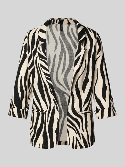 Produktfoto, Loose Fit Kurzblazer aus Viskose-Leinen-Mix Modell 'JESMILO' von Vero Moda mit Zebrastreifenmuster, Reverskragen, 3/4-Arm, fixiertem Umschlag, angedeuteten Paspeltaschen und leichter Flammgarn-Textur in Schwarz und Creme.