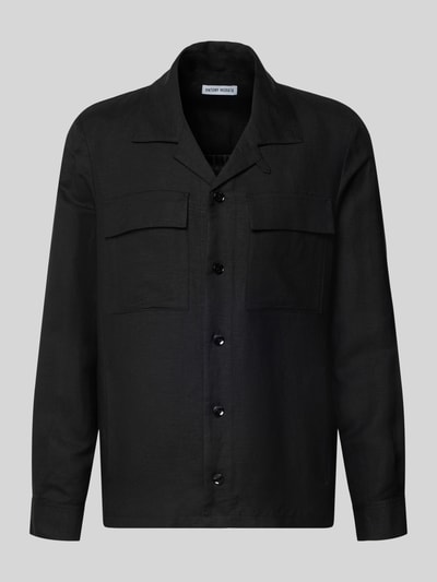 Produktfoto, Regular Fit Hemdjacke aus Leinen-Viskose-Mix Modell 'ANTIGUA' von Antony Morato in Schwarz mit Reverskragen und Brusttaschen.