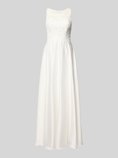 Produktfoto, Abendkleid mit Spitze von Laona in Weiß, A-Linie, Maxikleid mit Rundhalsausschnitt, Rückenlänge 150 cm, Brustweite 35 cm, Reißverschluss auf der Rückseite, glatte Struktur, feine Spitzen-Details.