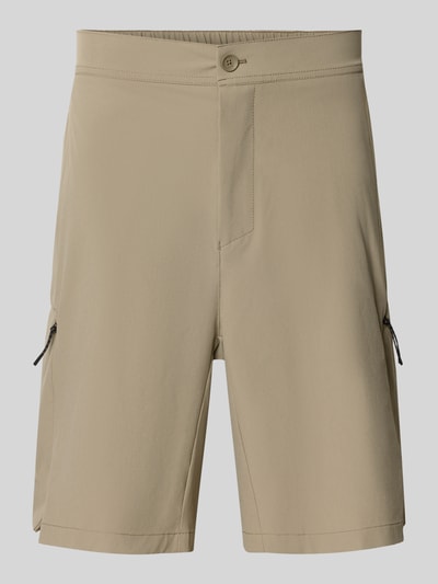 Productfoto, Relaxed Fit Cargoshorts met label-opdruk model 'GLOBE CARGO' van BOSS Green, effen, elastische tailleband, knoop- en ritssluiting, achterzak, steekzakken, ritssluitzakken, lichte beige kleur, gladde textuur