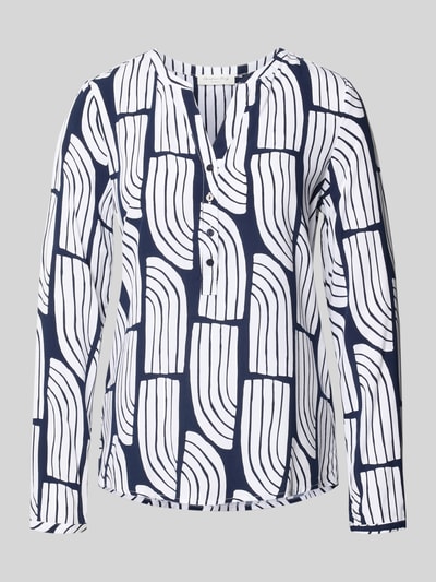 Produktfoto, Wellen-Print Schlupfbluse aus Viskose von Christian Berg Woman, Regular-Fit, weiß-blaues Muster, V-Ausschnitt, Langarm