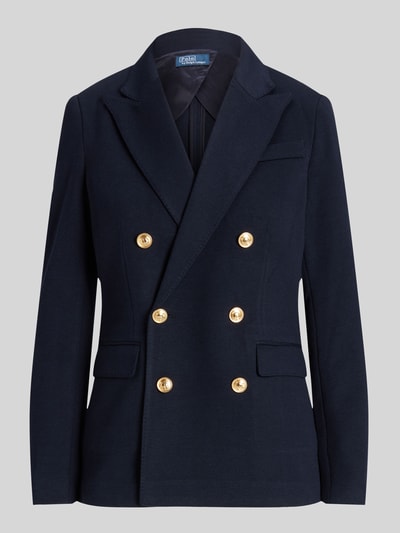 Produktfoto, dunkelblauer Zweireihiger Blazer mit Woll-Anteil von Polo Ralph Lauren, goldene Knöpfe, Reverskragen, Pattentaschen, Regular Fit