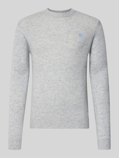 Produktfoto, Slim Fit Strickpullover aus reiner Wolle mit Label-Stitching van MCNEAL, Heren gebreide pullover, zuiver wol, slim fit, labelstitching, ribboorden, ruglengte maat M 66 cm, mouwlengte maat M 69 cm, lichtgrijs met blauwe details, zachte structuur