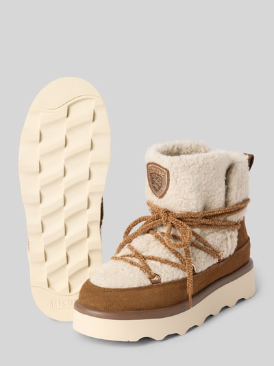 Produktfoto, Boots aus Leder-Textil-Mix mit Teddyfell von Blauer USA, abgerundete Spitze, Schnürung, Label-Detail, Absatzhöhe 4 cm, Schafthöhe 14 cm, Szerokość w rozmiarze 40: 16 cm, kremowo-brązowe kolory, wyraźna faktura materiału i futerka