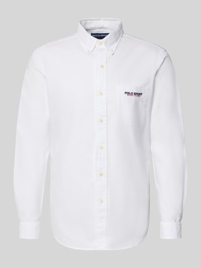 Productfoto, 'Freizeithemd Freizeithemd  aus reiner Baumwolle' van Polo Ralph Lauren in effen wit, flammengarenstructuur, logo-stitching, lange mouwen, button-down-kraag, sportmanchet.