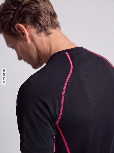 Männermodel trägt schwarzes Slim Fit Sport-T-Shirt mit Label-Print Modell 'Pro' von Nike, pinke Nähte, Nahaufnahme Rückansicht, KI-modifiziertes Bild. Herren Sport-T-Shirt von Nike Training.
