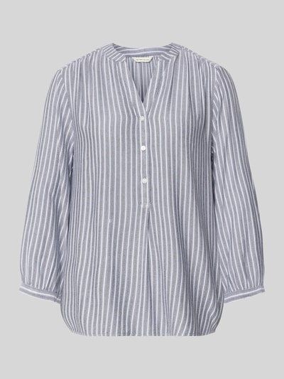 Produktfoto, Comfort Fit Langarmbluse aus reiner Viskose von Tom Tailor, szaro-białe paski, wzór allover, mao kołnierz, tunikowy dekolt, 3/4 rękaw, mankiet, lekka faktura, materiał wiskozowy