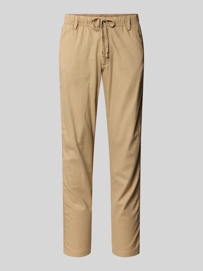 Produktfoto, Relaxed Fit Hose aus Baumwoll-Leinen-Mix Modell 'KANE' von Jack & Jones in Beige, elastischer Bund mit Schnürung, Gesäßtaschen, Bundweite 42 cm, Innenbeinlänge 82 cm, glatte Oberfläche, klassische Herren Hose