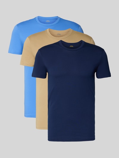 Produktfoto, Slim Fit T-Shirt aus reiner Baumwolle im 3er-Pack von Polo Ralph Lauren Underwear in Blau, Beige und Dunkelblau, unifarben, kurzarm, Jersey, Rundhals, Logo-Stitching.