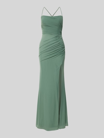 Productfoto, Regular Fit avondjurk met split van Luxuar, semi-transparant design, taillering, spaghettibandjes, groene kleur, vloeiende stof, geplooide details, zichtbare naadrits, 117 cm ruglengte maat 36, borstwijdte 37 cm, context van avondjurk