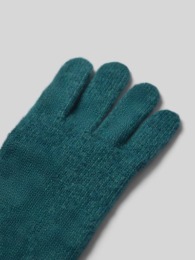 Produktfoto, Handschuhe aus reinem Kaschmir von FRAAS in dunklem Türkis, gerippte Abschlüsse, Label-Detail, weiche Textur, schlichte Form.