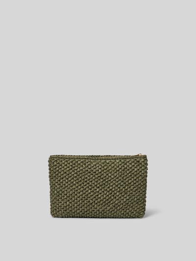 Produktfoto, Kosmetiktasche aus echtem Rindsleder von Anine Bing in Olivgrün mit semitransparentem Design, grobe Flechtstruktur, Hauptfach mit Reißverschluss, Logo-Detail, Breite 32 cm, Länge 21 cm, Tiefe 4 cm.