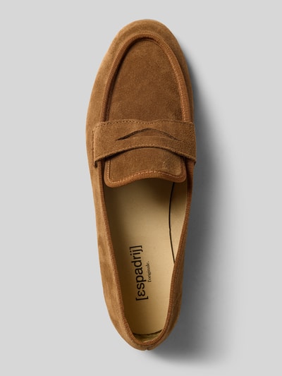 Produktfoto, Loafer aus Leder Modell 'LOAFER CLASSIC VELOUR' von Espadrij in brauner Velours-Optik, Gummisohle, abgerundete Spitze, Damenschuh, Absatzhöhe 1 cm, Schafthöhe 7 cm, Schaftweite 13 cm.